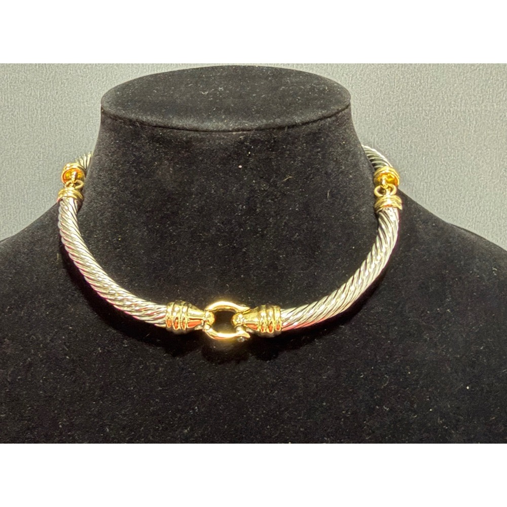 Twist 14@ Choker Necklace Women Gold Silver Two-Tone  Metal Black Glass Cabochon